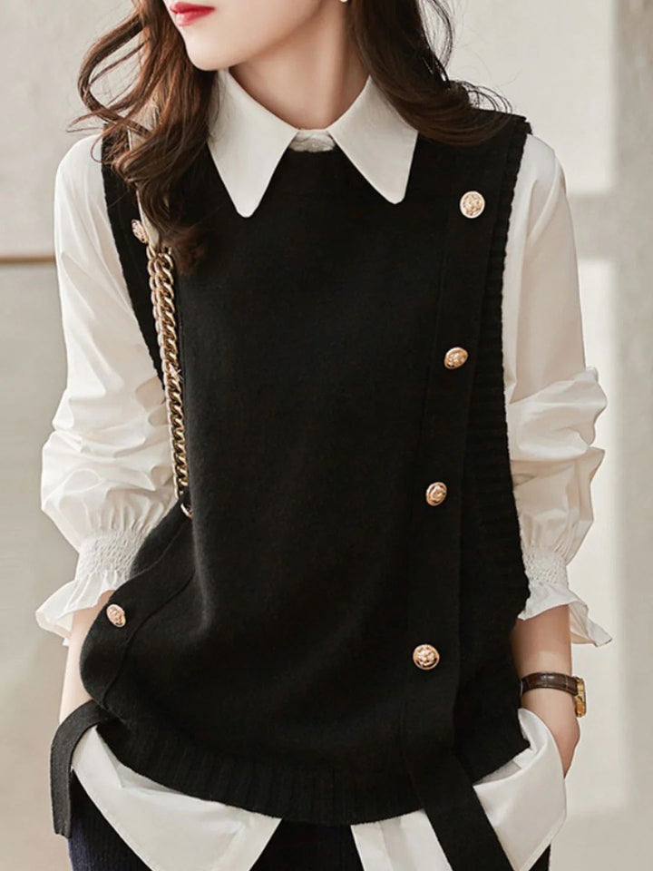 Loose Button Knitted Vest - Black