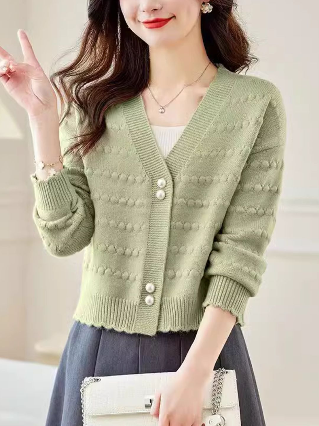 V-Neck Solid Color Auricular Knitted Cardigan - Green