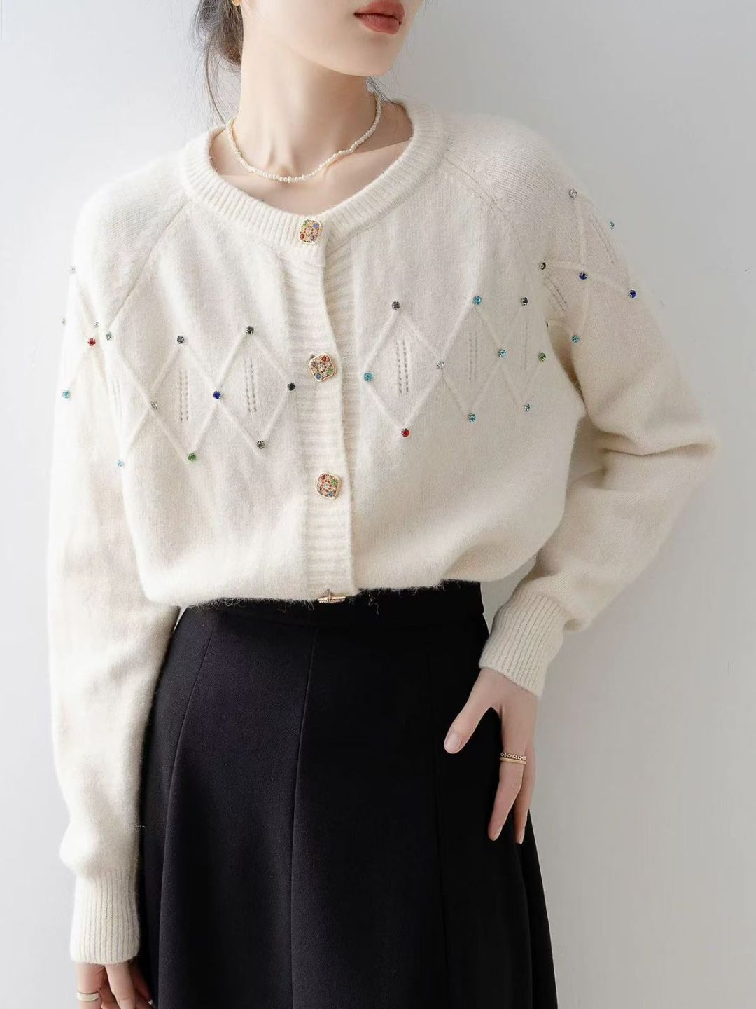 Crew Neck Beaded Knit Cardigan