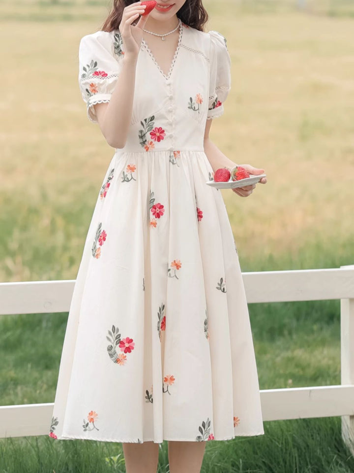 V-neck Floral Embroidered  Dress