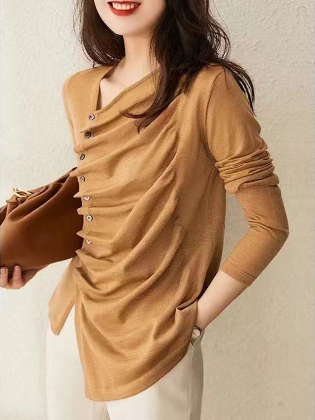 Asymmetric Pleated Buttoned Sweater