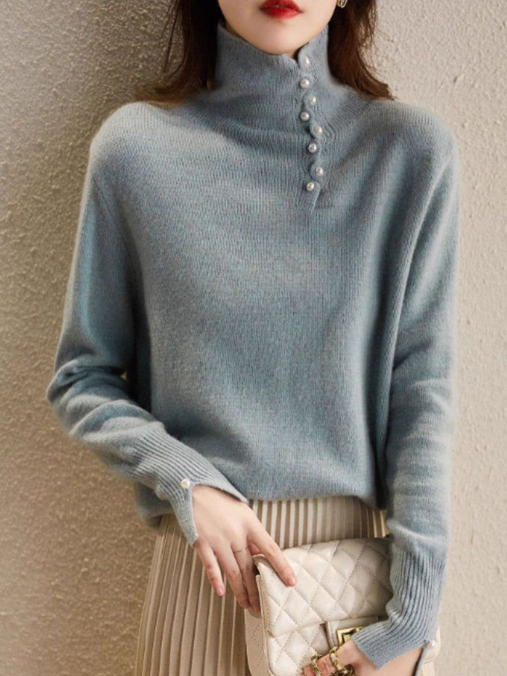 Buttoned Turtleneck Knitted Sweater - Blue