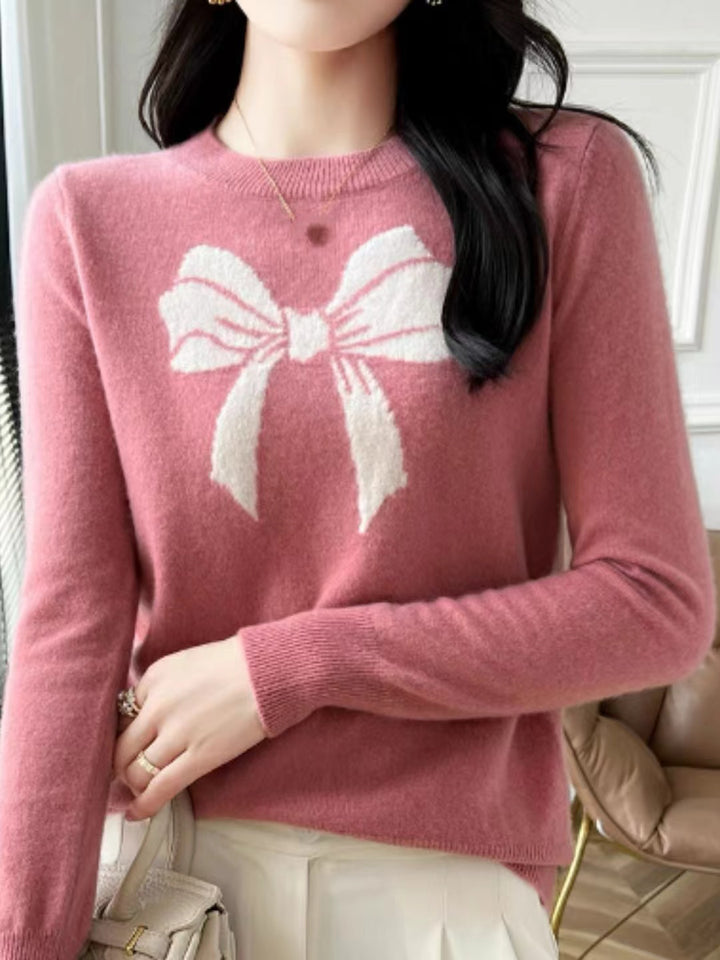 Loose Crew Neck Bow Jacquard Knitted Top