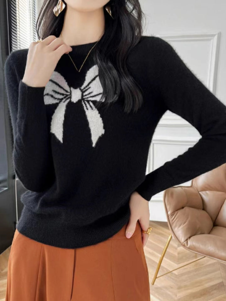 Loose Crew Neck Bow Jacquard Knitted Top