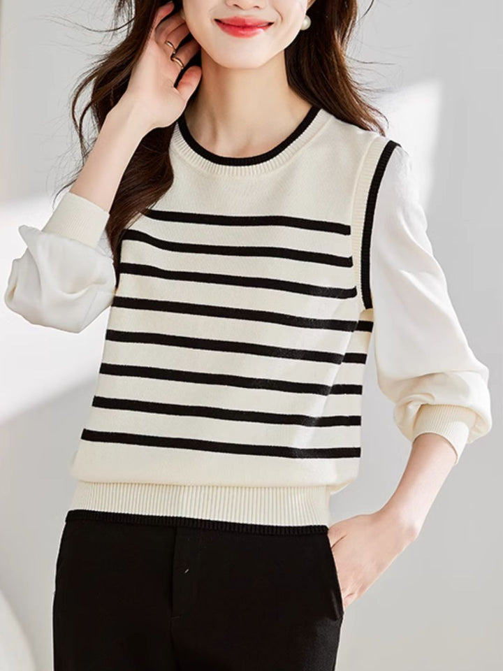 Long Sleeve Fake Two-Piece Striped Knit Top