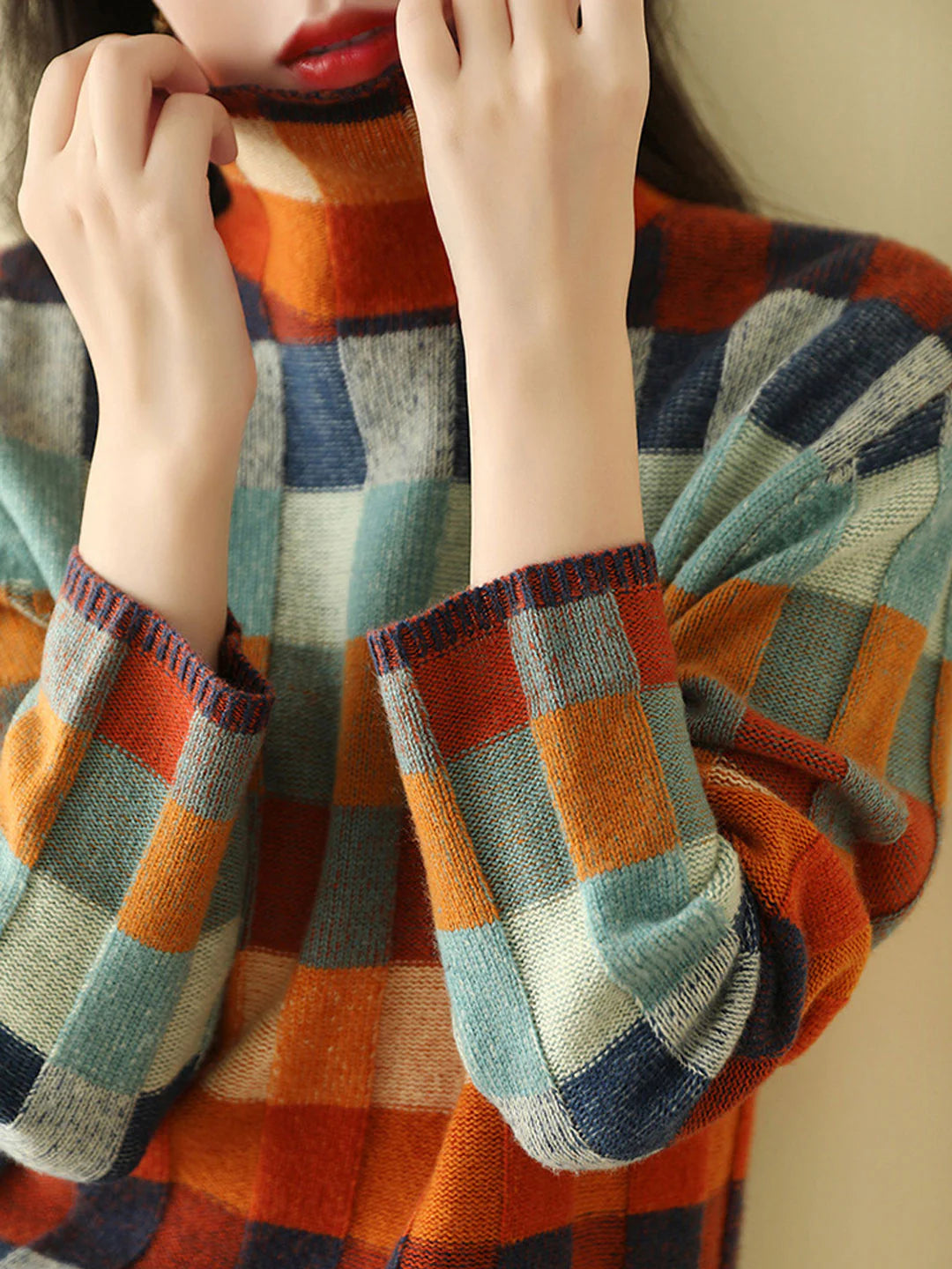 Loose Turtleneck Plaid Knitted Sweater