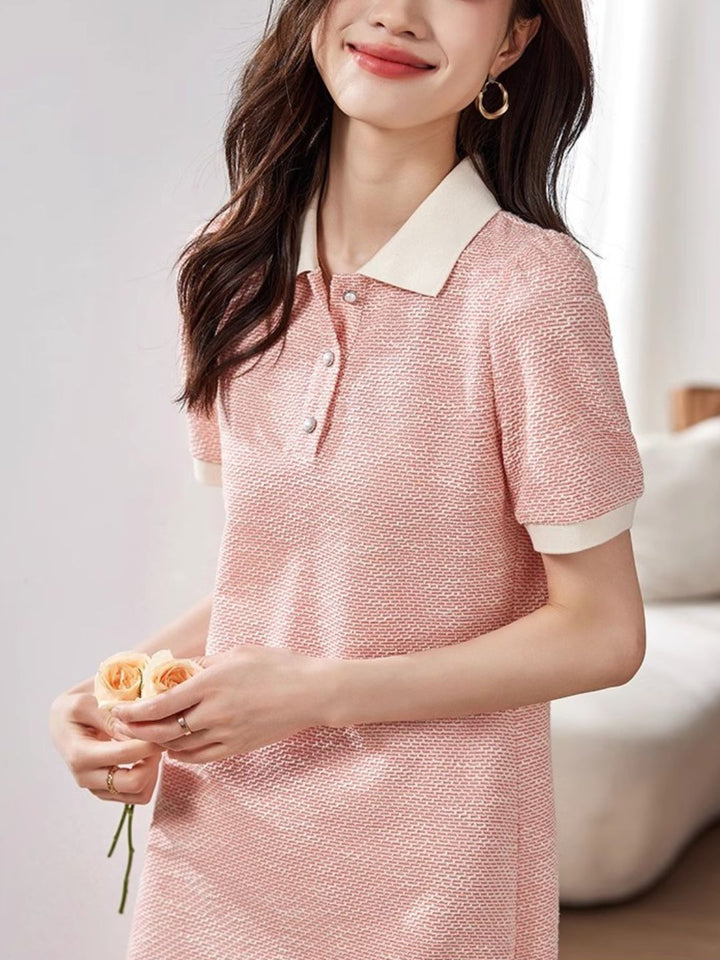 Contrast Color Lapel Textured Short Sleeve Dress