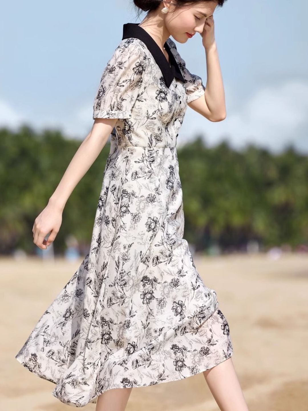 Lapel Floral Printed Chiffon Dress