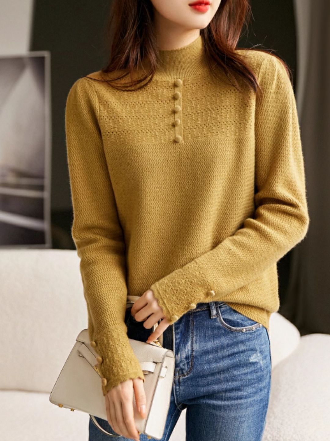 Vintage Buttoned Turtleneck Knitted Sweater