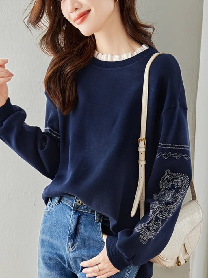 Lace Panel Embroidered Crew Neck Top