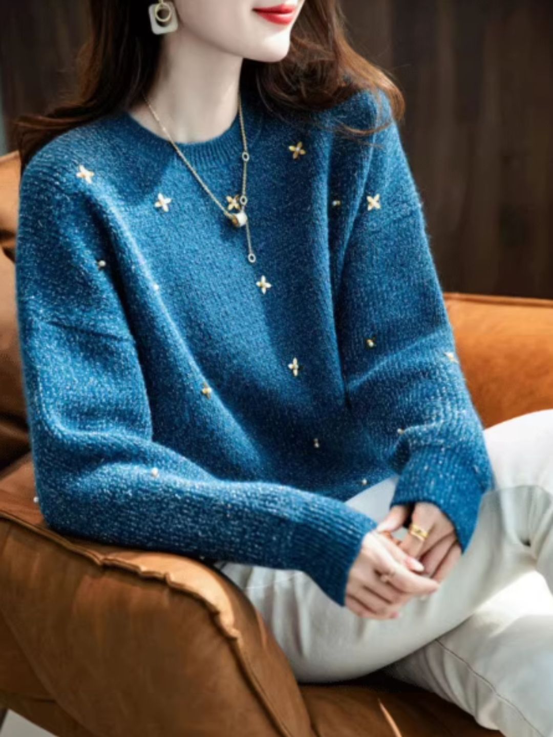 Peacock Blue Sequin Beaded Sweater