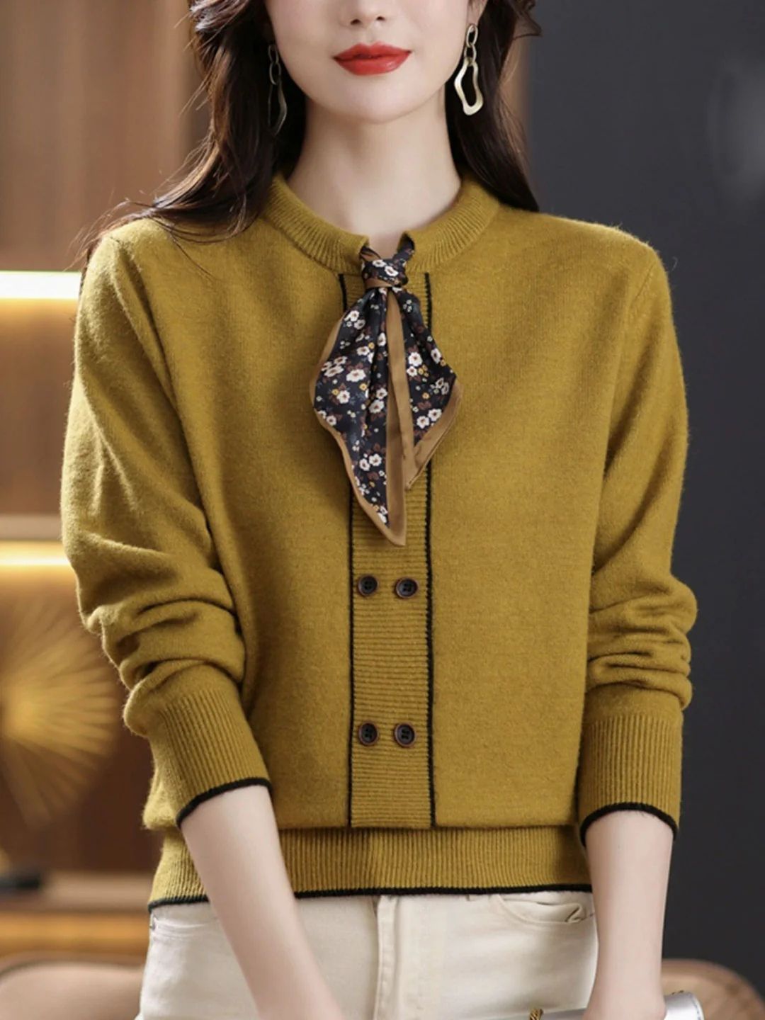 Classic Solid Color Bow Scarf Knitted Sweater