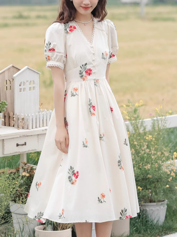 V-neck Floral Embroidered  Dress