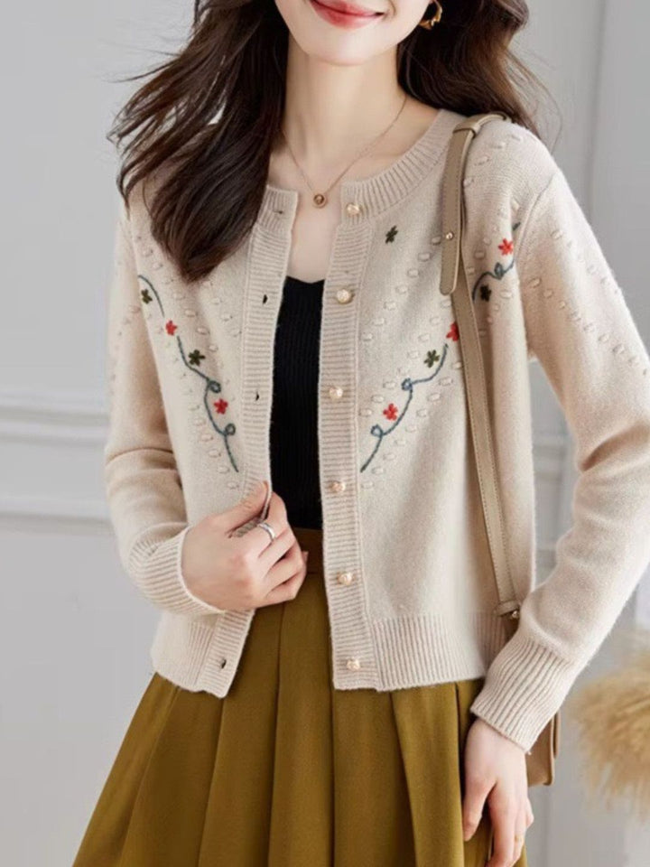 Crew Neck Embroidered Knitted Cardigan - Pink