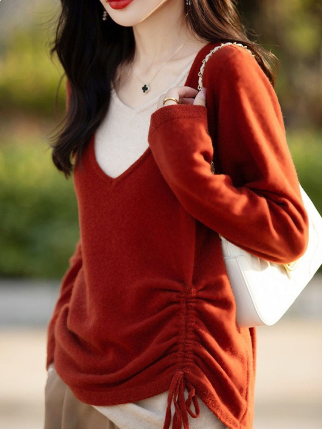 Temperament V-neck Drawstring Sweater - Red