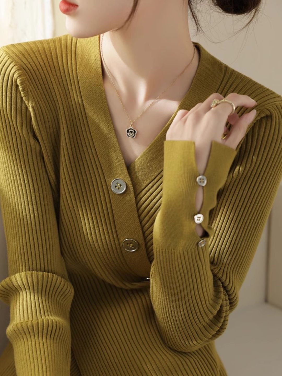 V-neck Cross Button Slit Sweater