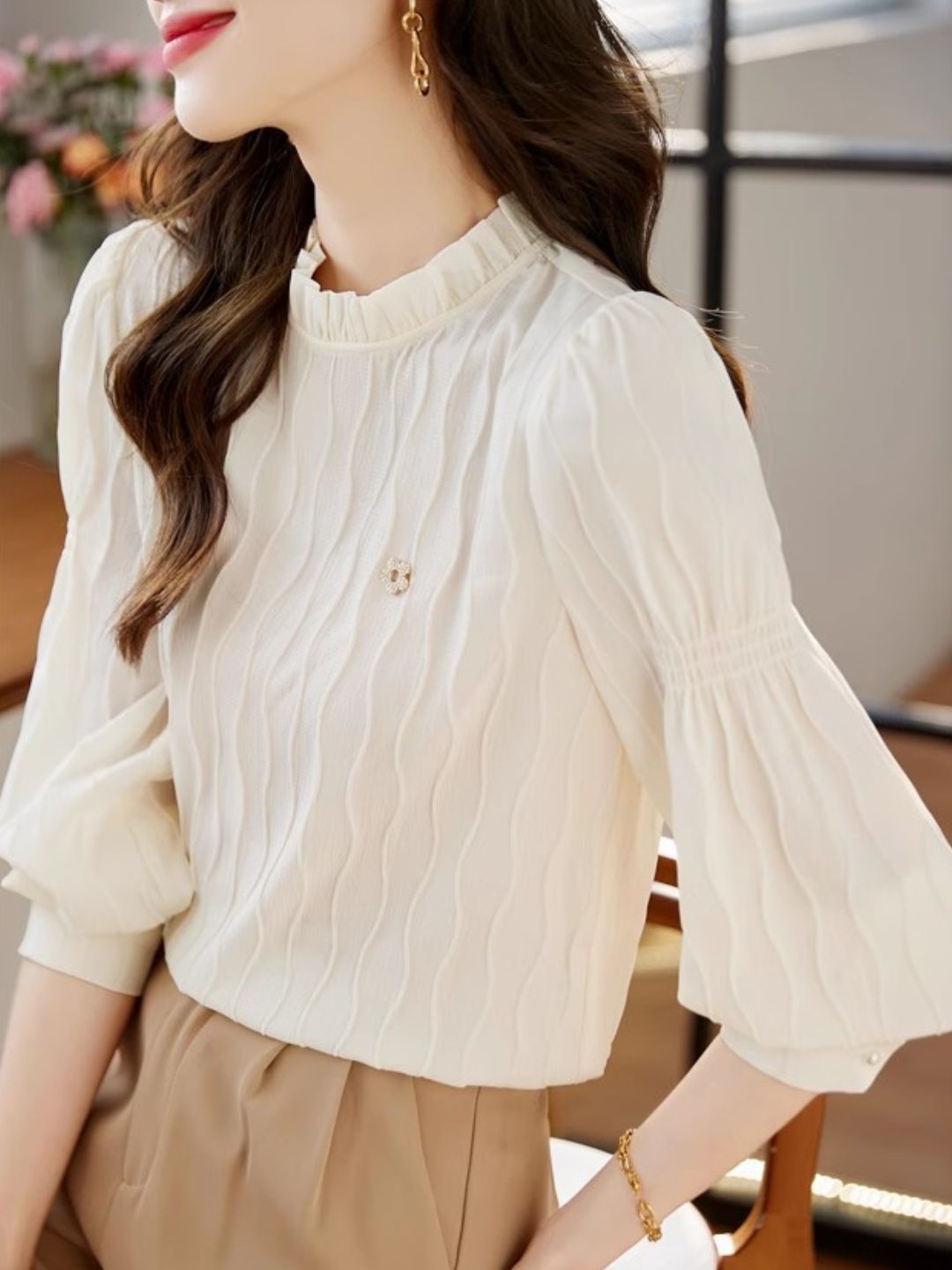 Wavy Textured Stand Collar Top