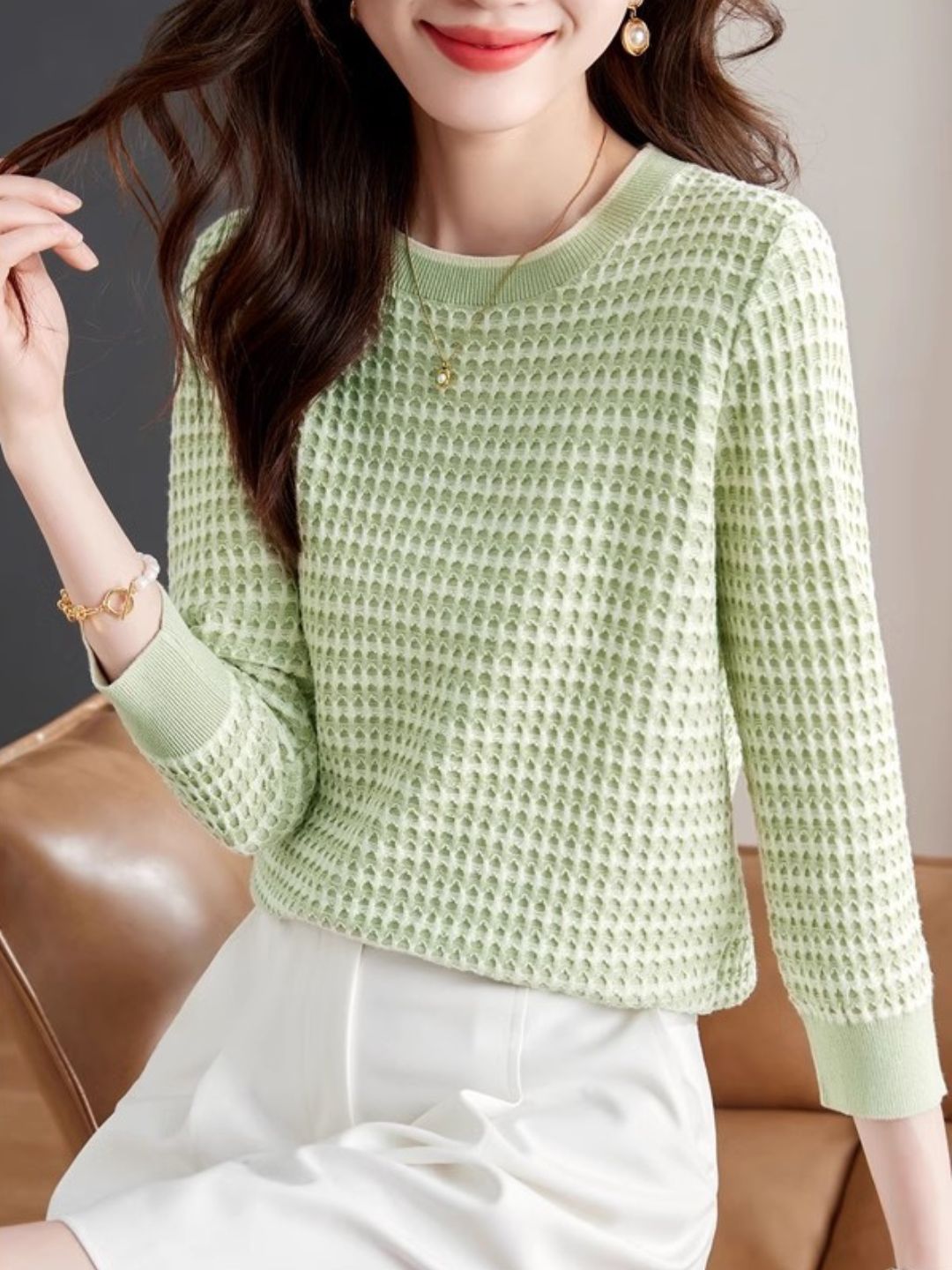 Long Sleeve Check Knit Top