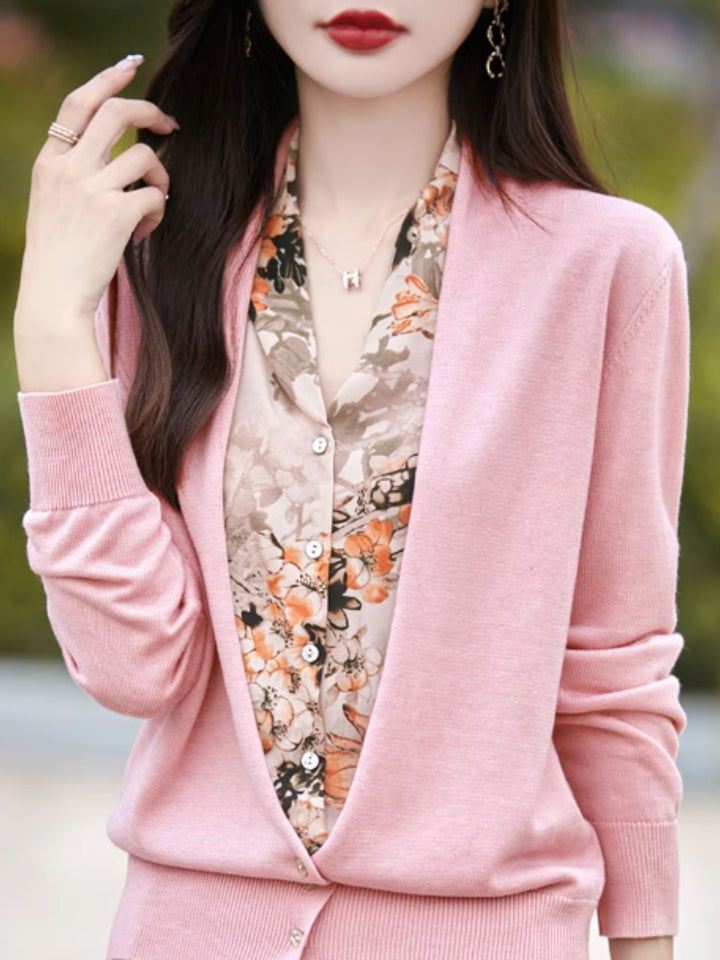 Casual V-Neck Printed Knitted Cardigan