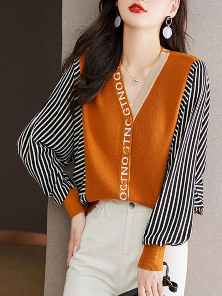 Casual V-Neck Striped Knitted Cardigan