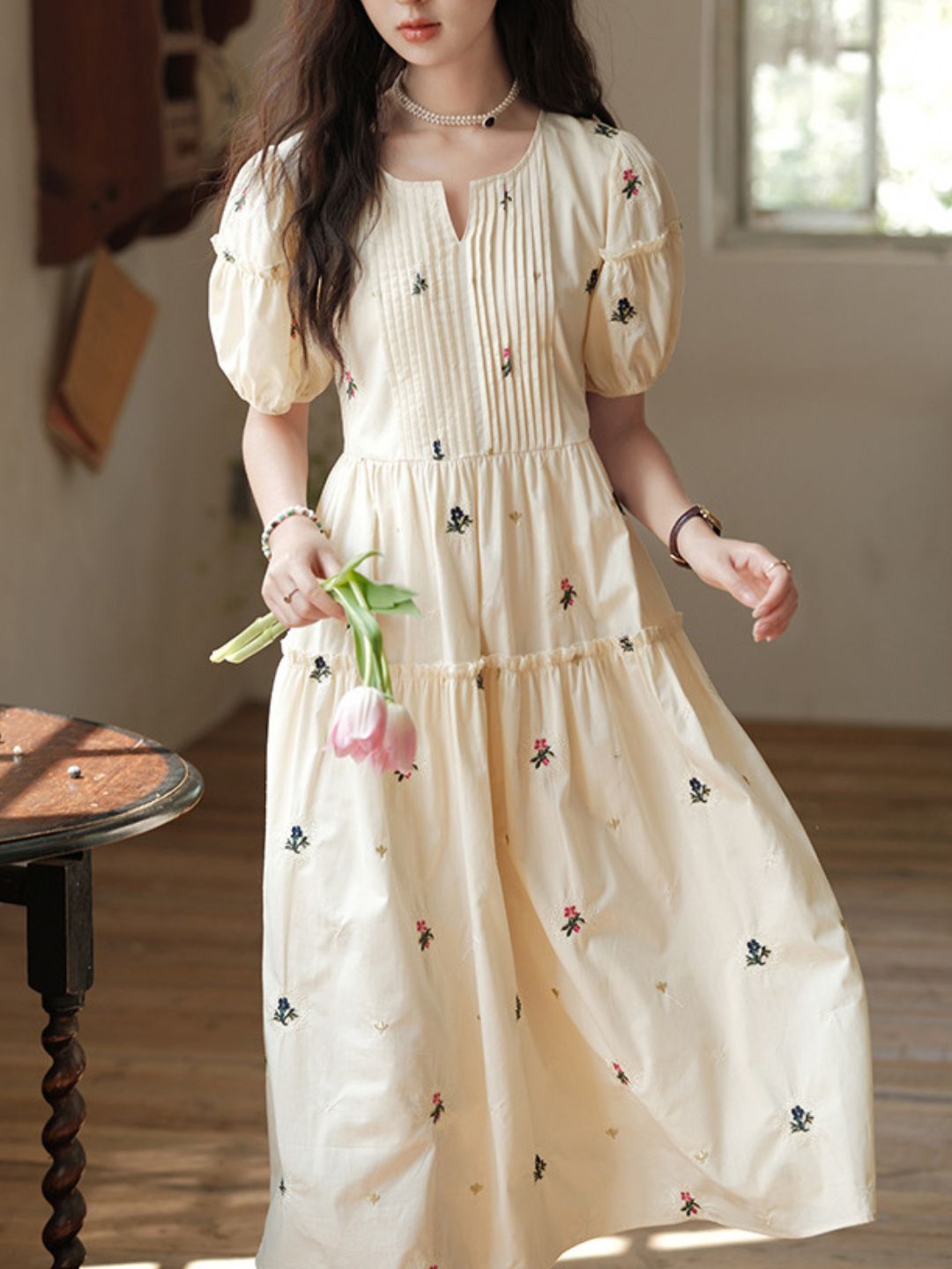 Puff Sleeve Embroidered Flower Dress