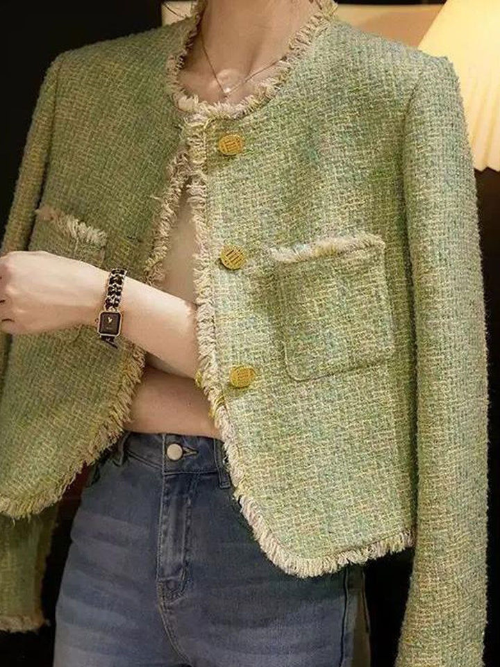 Elegant Crew Neck Tweed Jacket