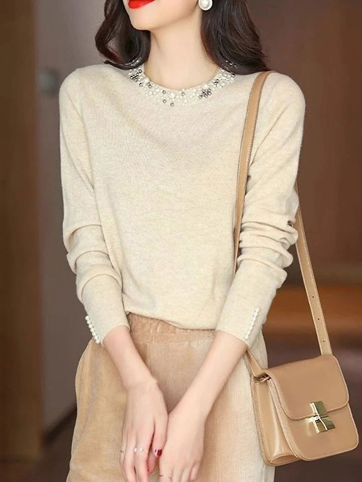 Elegant Beaded Pullover Knitted Top - Apricot