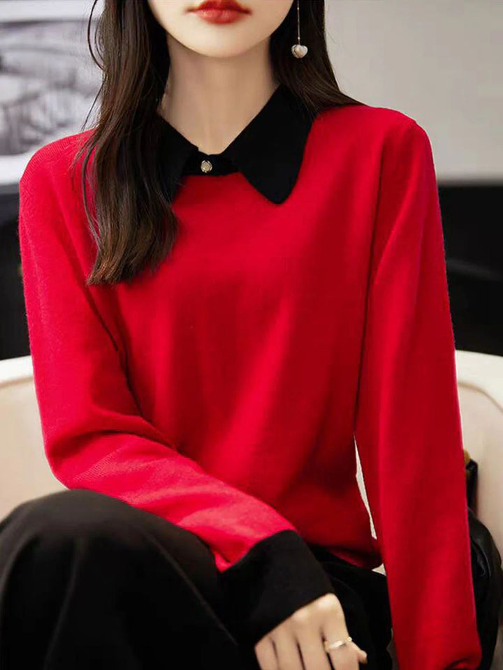 Loose Lapel Color-Blocked Knitted Top