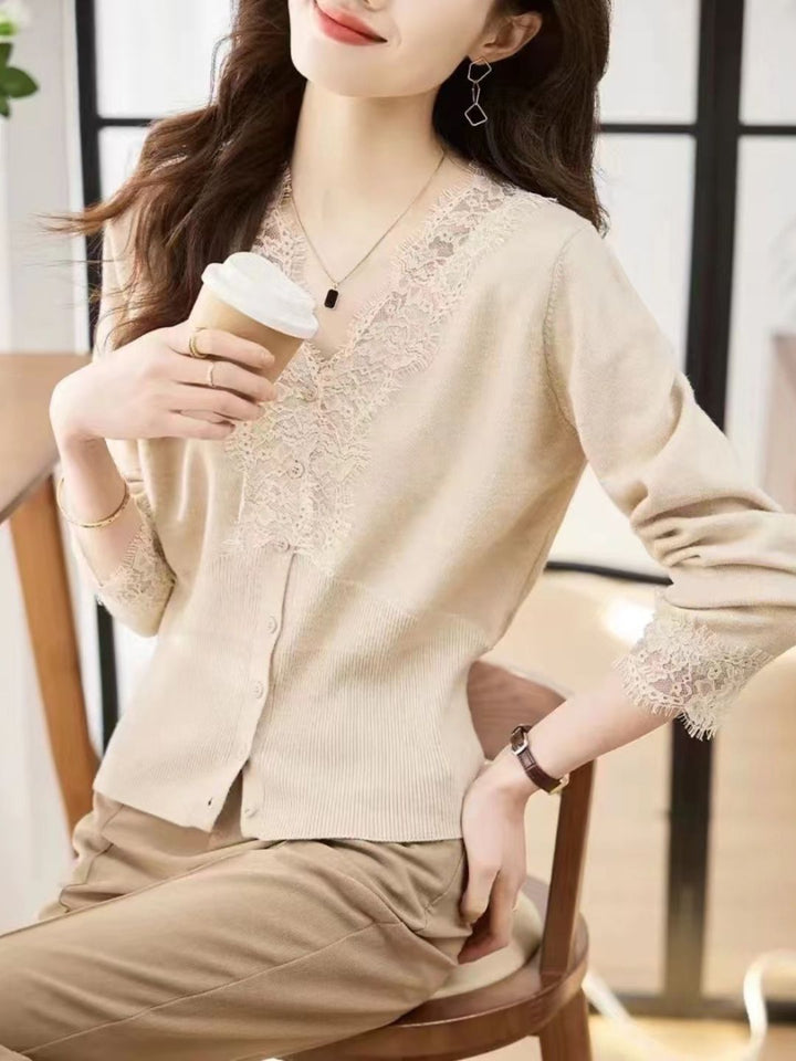 Lace Panel Knitted Cardigan - Apricot