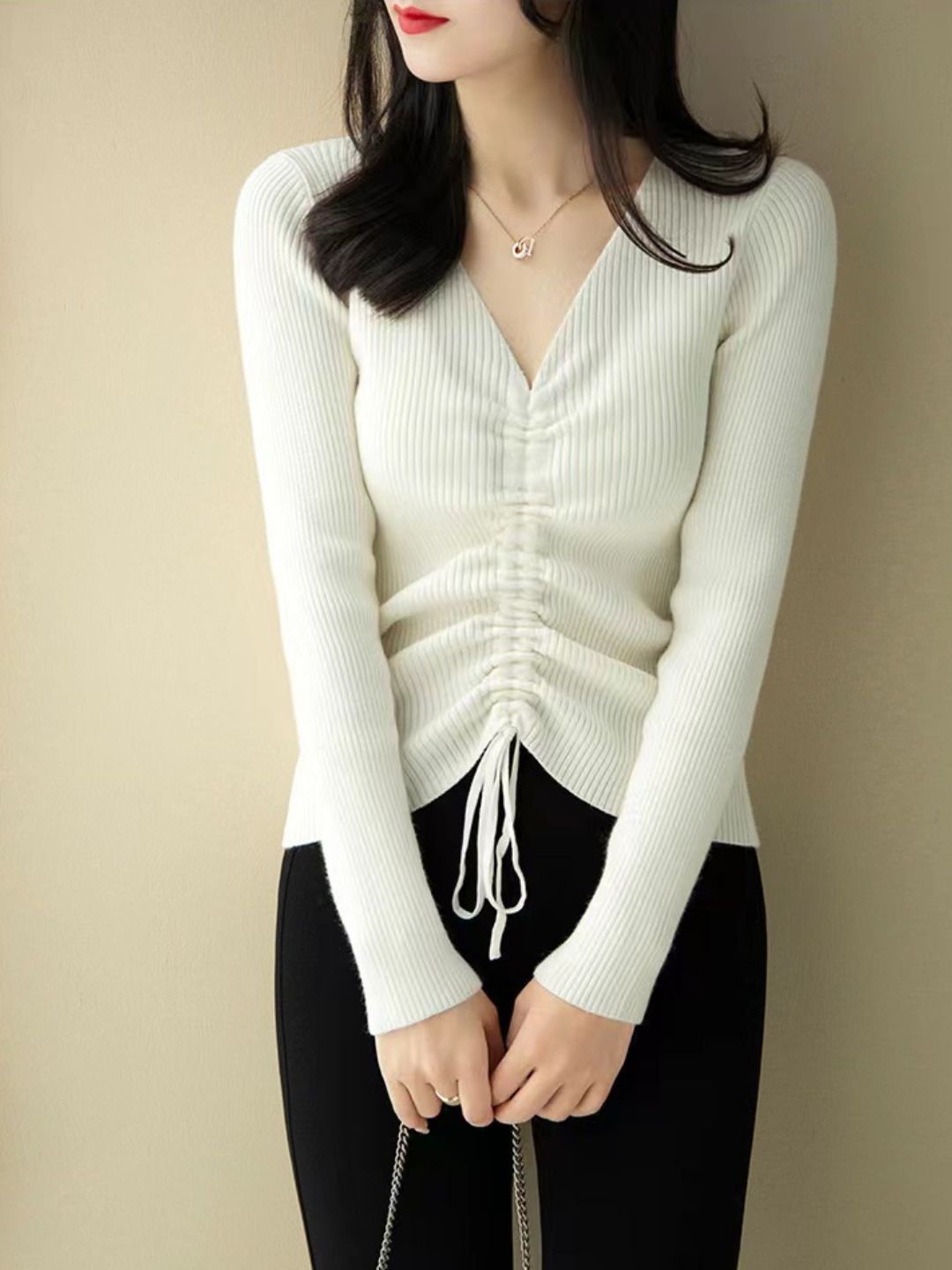 V-neck Drawstring Sweater