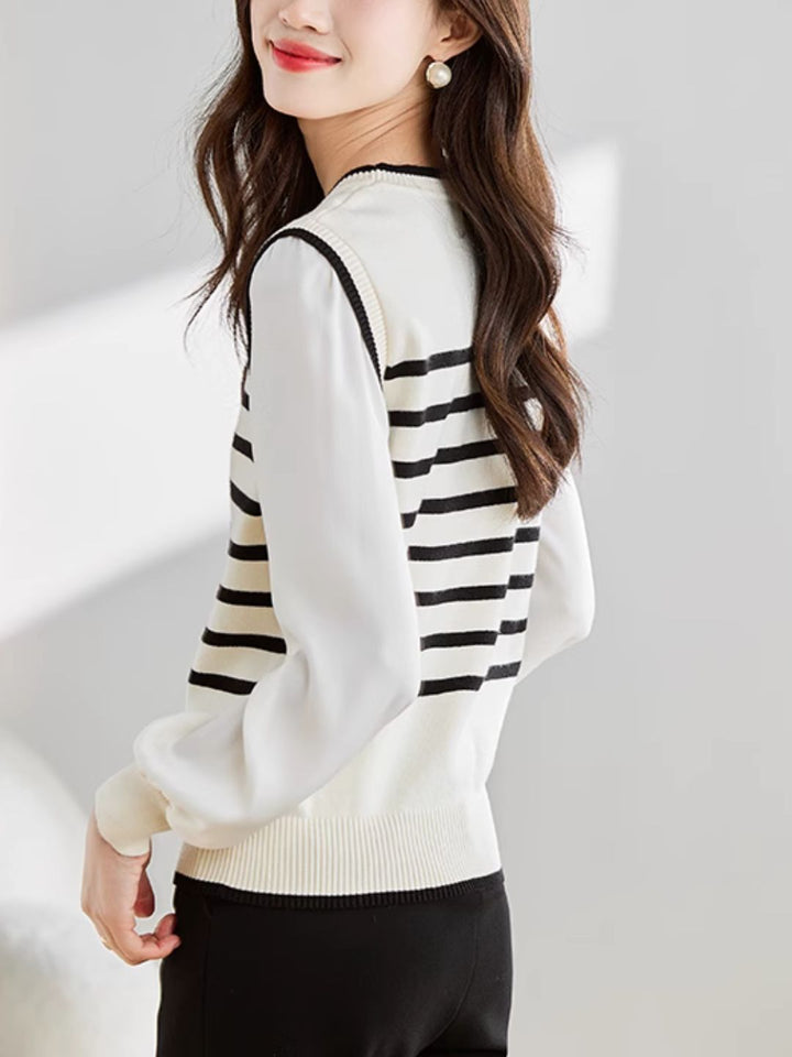 Long Sleeve Fake Two-Piece Striped Knit Top