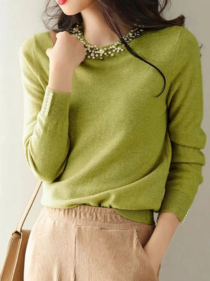 Elegant Beaded Pullover Knitted Top - Apricot