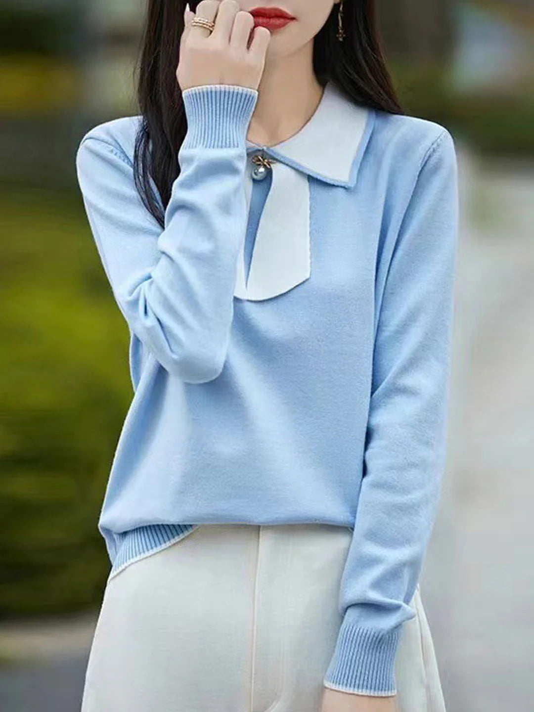 Doll Collar Bow Colorblock Knitted Top - Blue