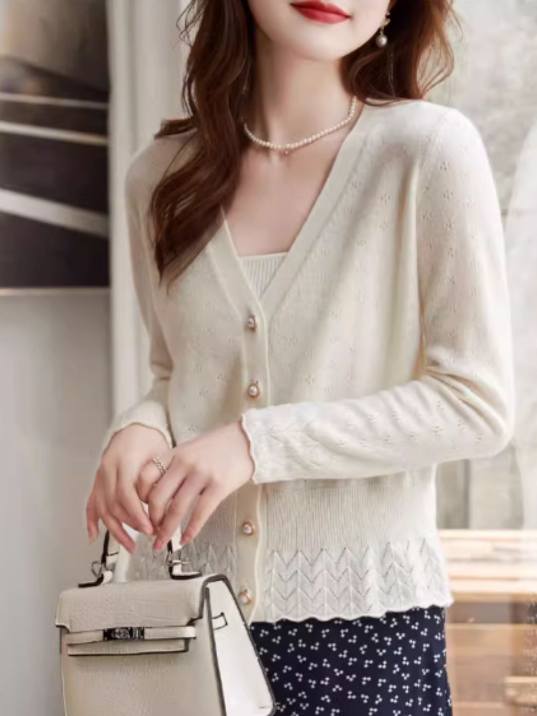 V-neck Lace Knitted Cardigan