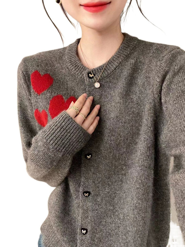 Vintage Crew Neck Heart Print Knitted Cardigan