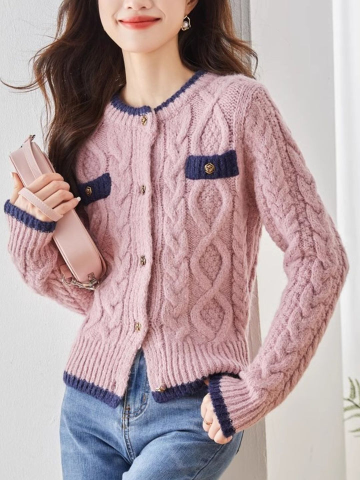 Classic Crew Neck Contrast Cardigan