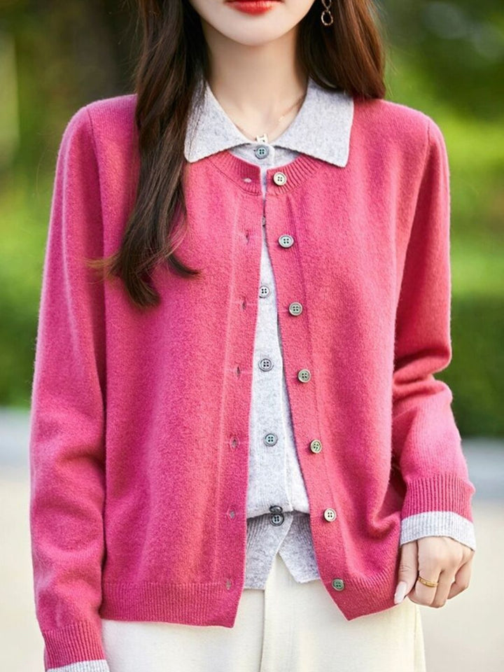 Casual Lapel Colorblock Knit Cardigan Set - Blue