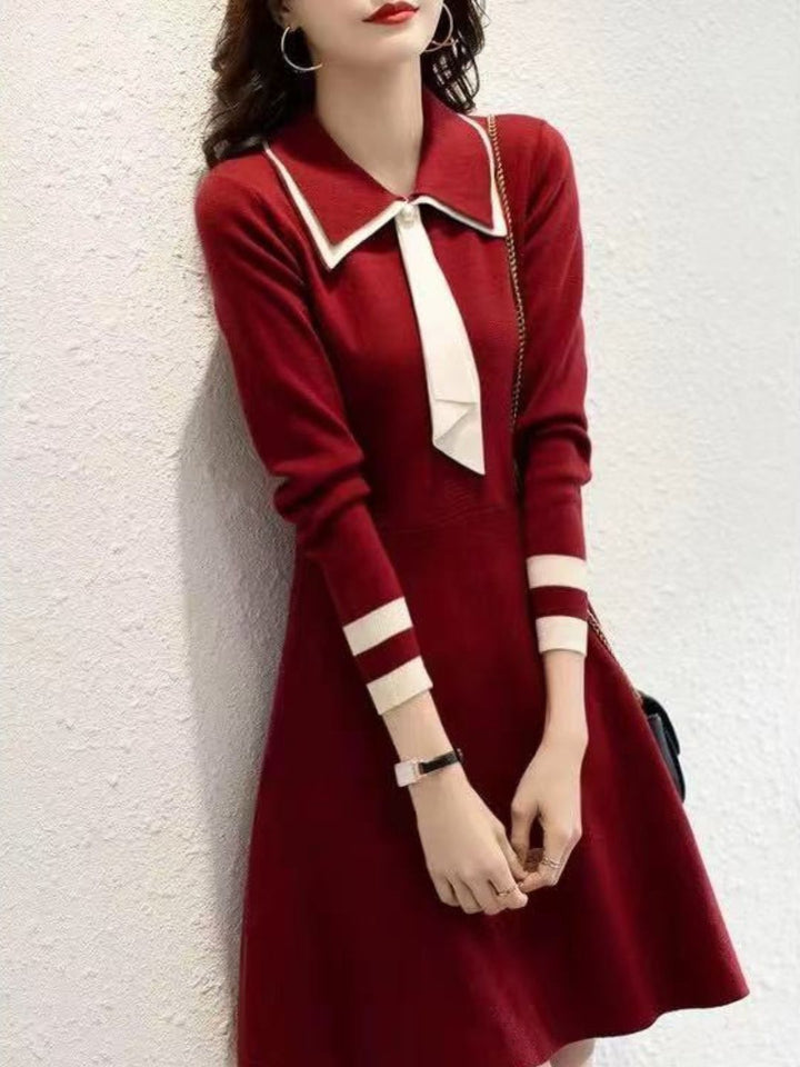 Classic Lapel Solid Knit Dress