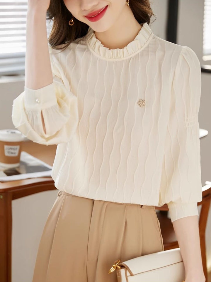 Wavy Textured Stand Collar Top