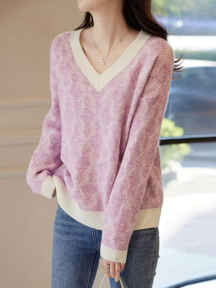 V-neck Contrast Check Sweater