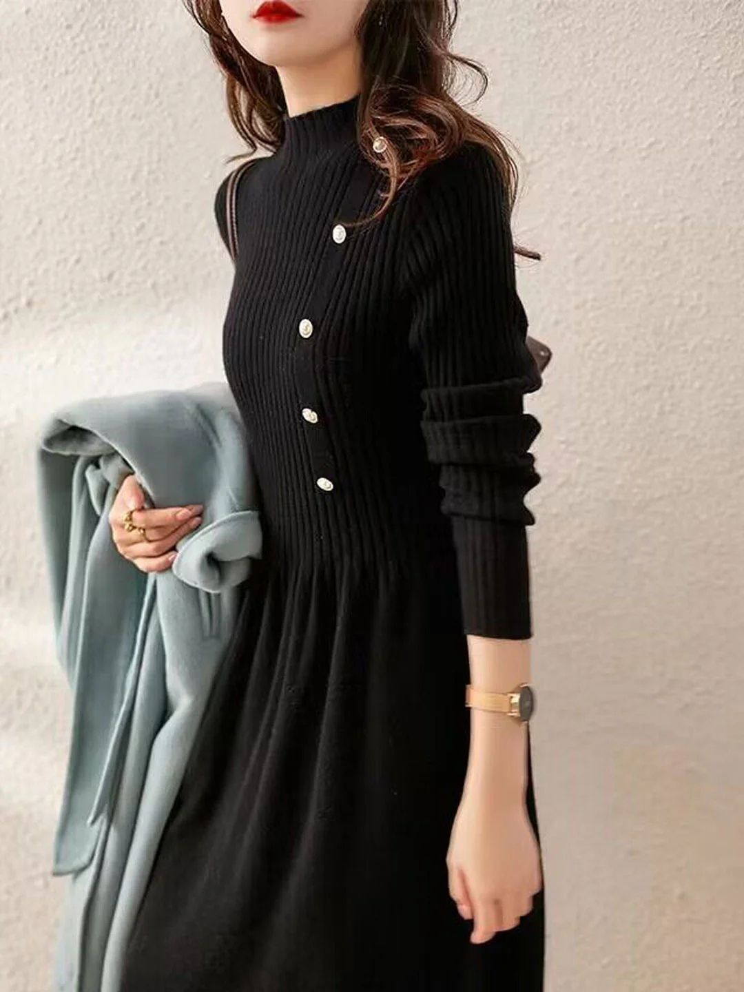 Turtleneck Solid Color Knitted Sweater Dress