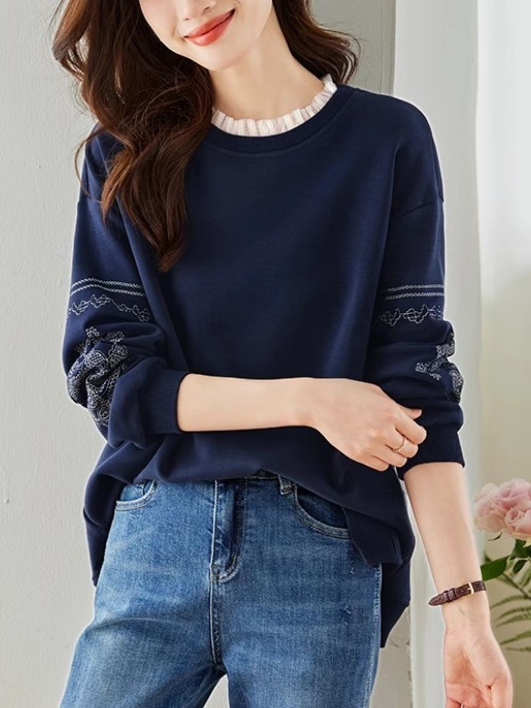 Lace Panel Embroidered Crew Neck Top