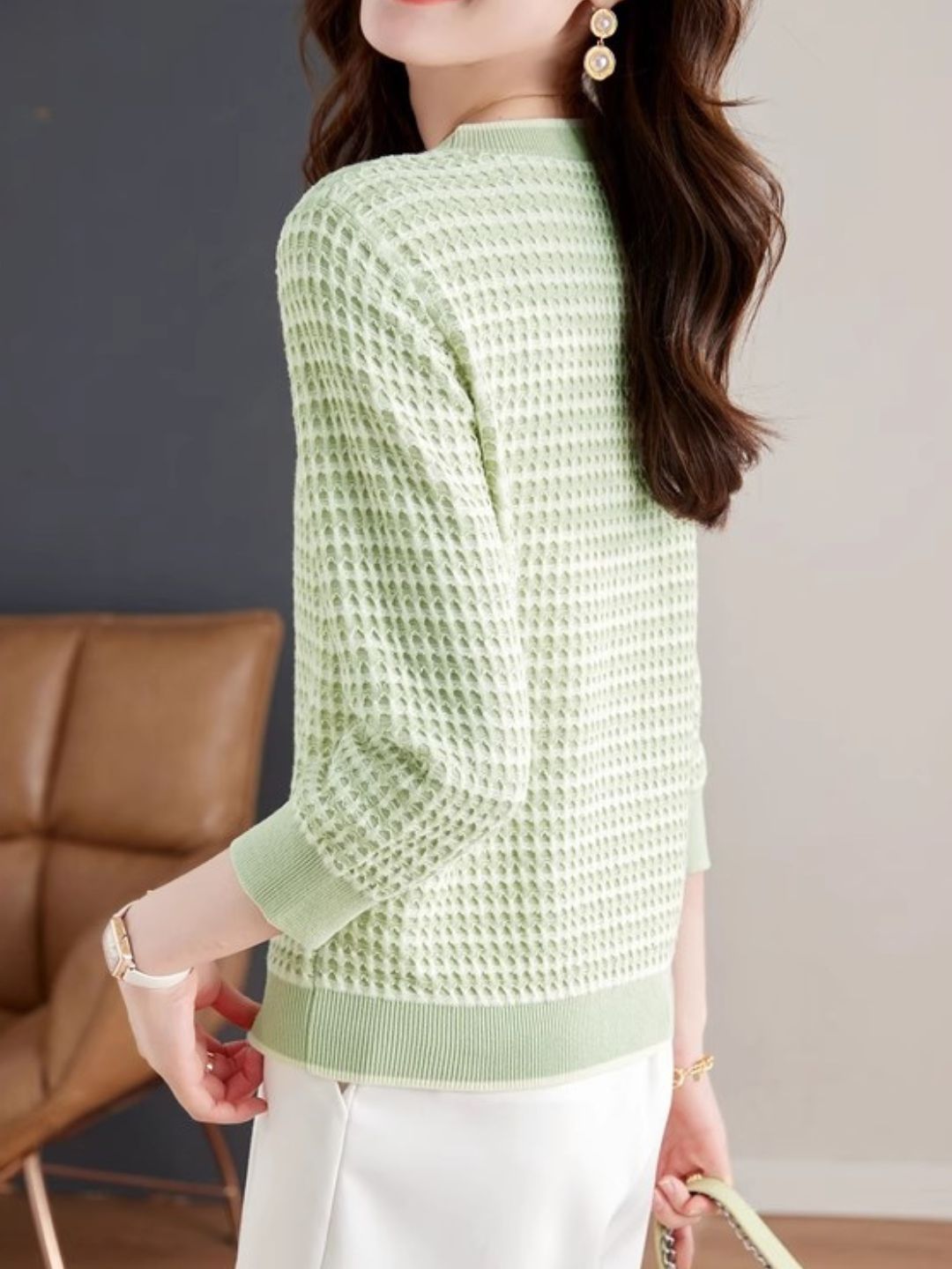 Long Sleeve Check Knit Top