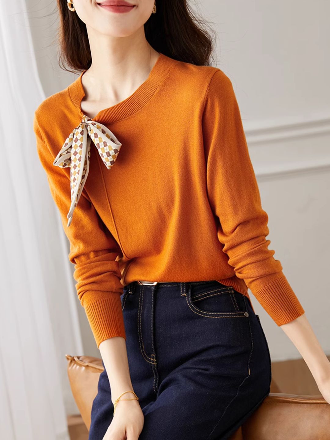 Retro Crew Neck Bow Knitted Top - Blue