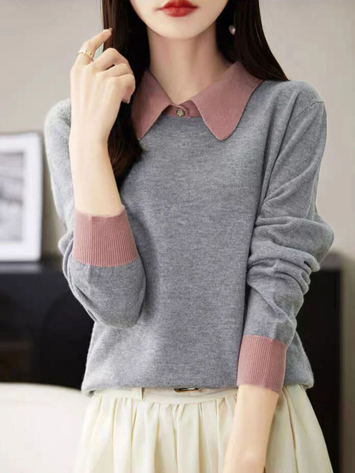 Loose Lapel Color-Blocked Knitted Top