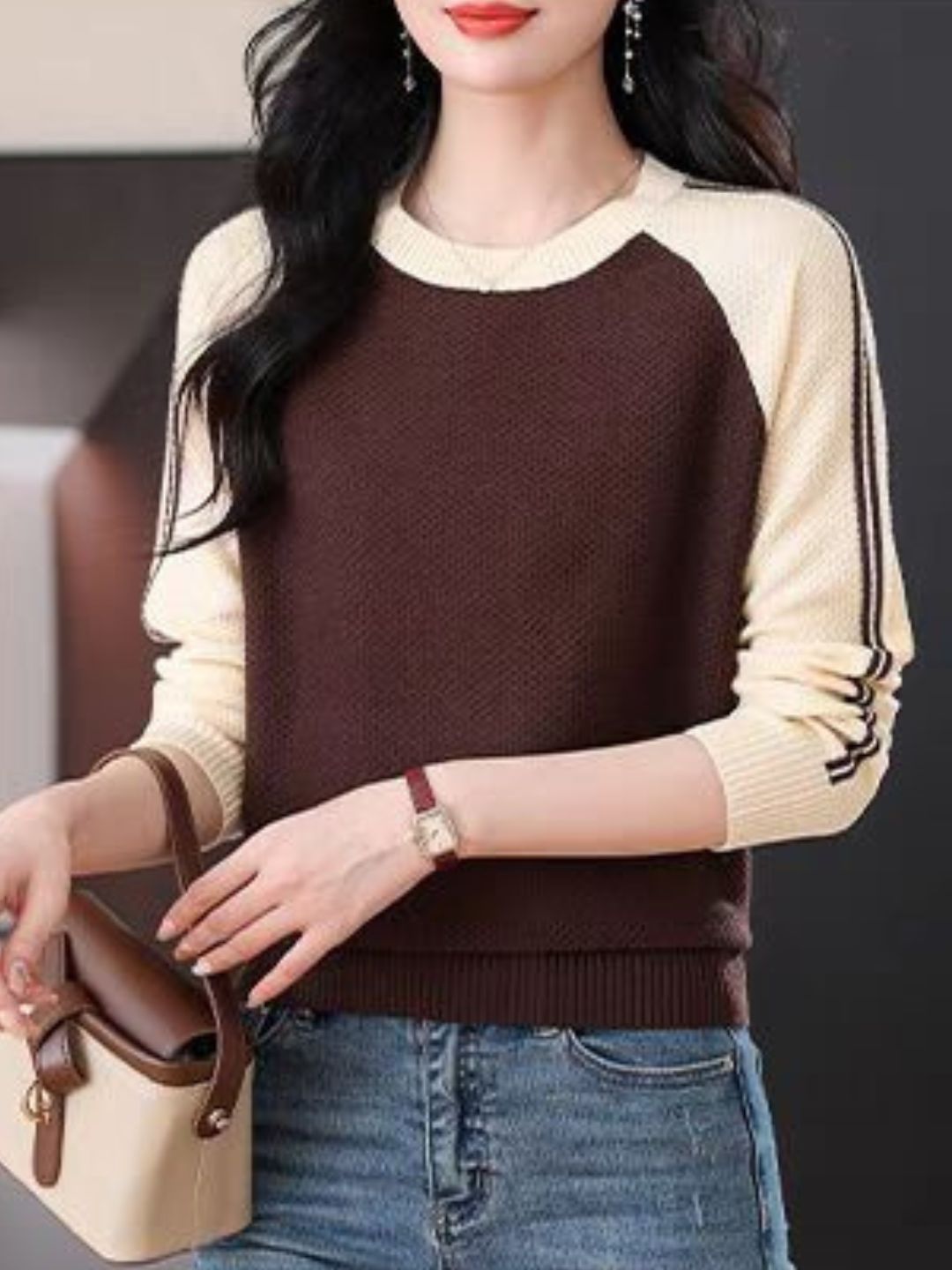 Casual Crew Neck Colorblock Knitted Sweater