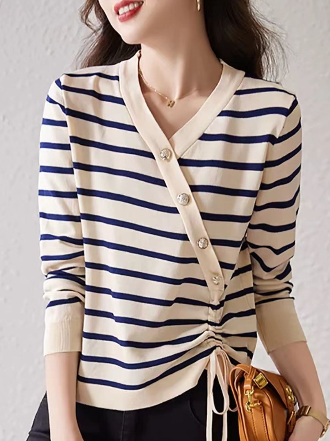 V-Neck Drawstring Striped Knitted Top