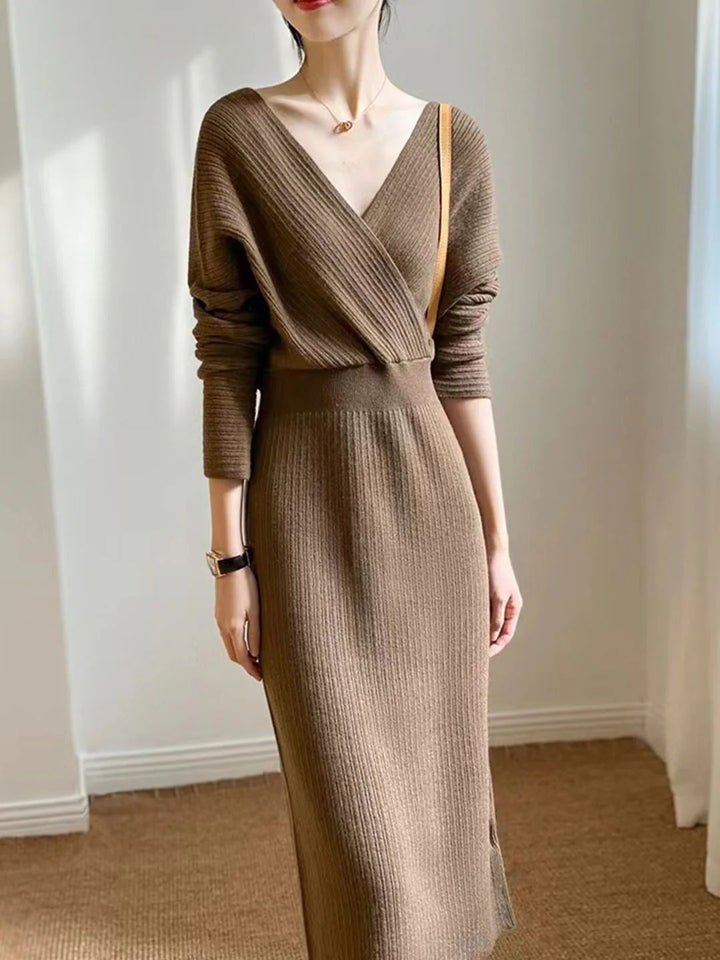 Vintage V-neck Knitted Sweater Dress - Coffee