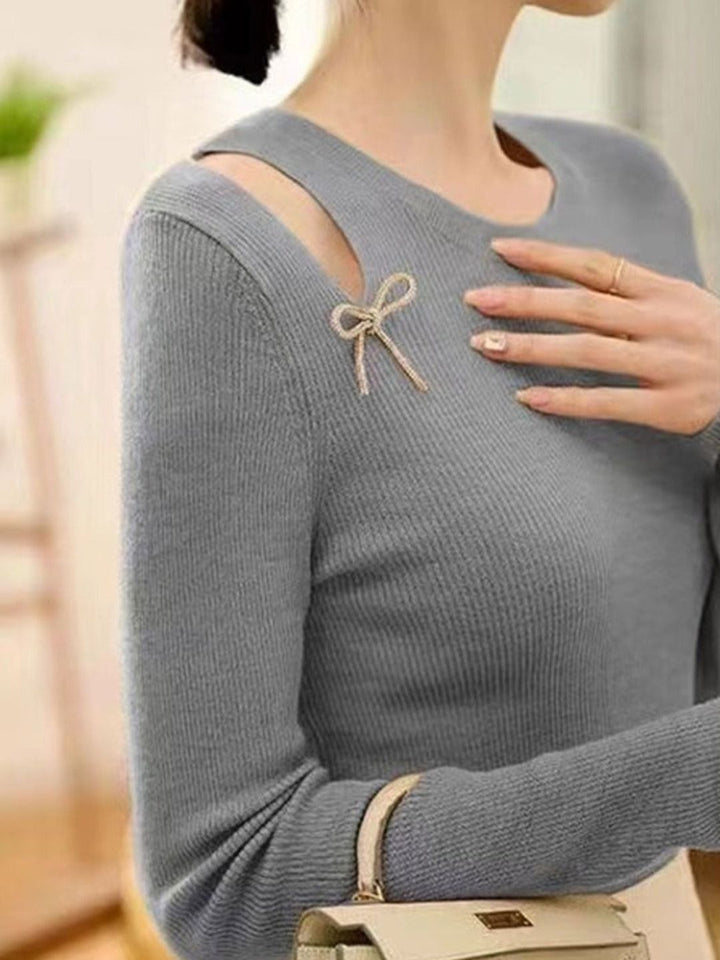 Elegant Off-Shoulder Bow Tie Knitted Sweater