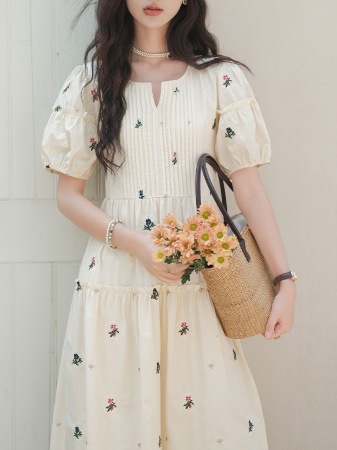 Puff Sleeve Embroidered Flower Dress